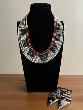 Vintage handmade multicolored native american necklace and pierced earrings boho